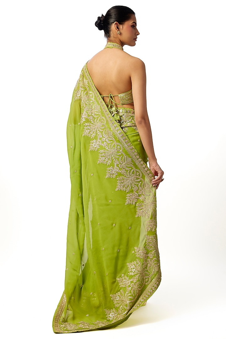 Green Georgette Embroidered Pleated Drape Wedding Saree Set by GOPI VAID at Pernia's Pop Up Shop