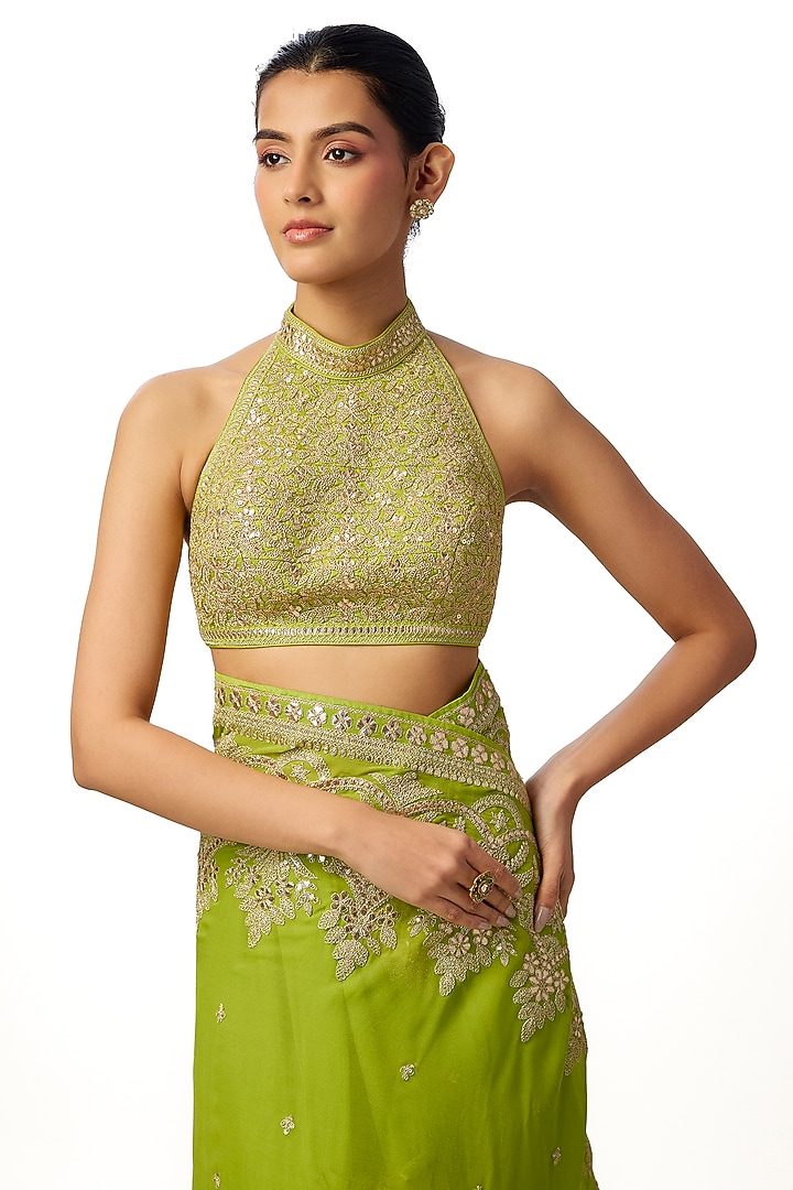 Green Georgette Embroidered Pleated Drape Wedding Saree Set by GOPI VAID at Pernia's Pop Up Shop
