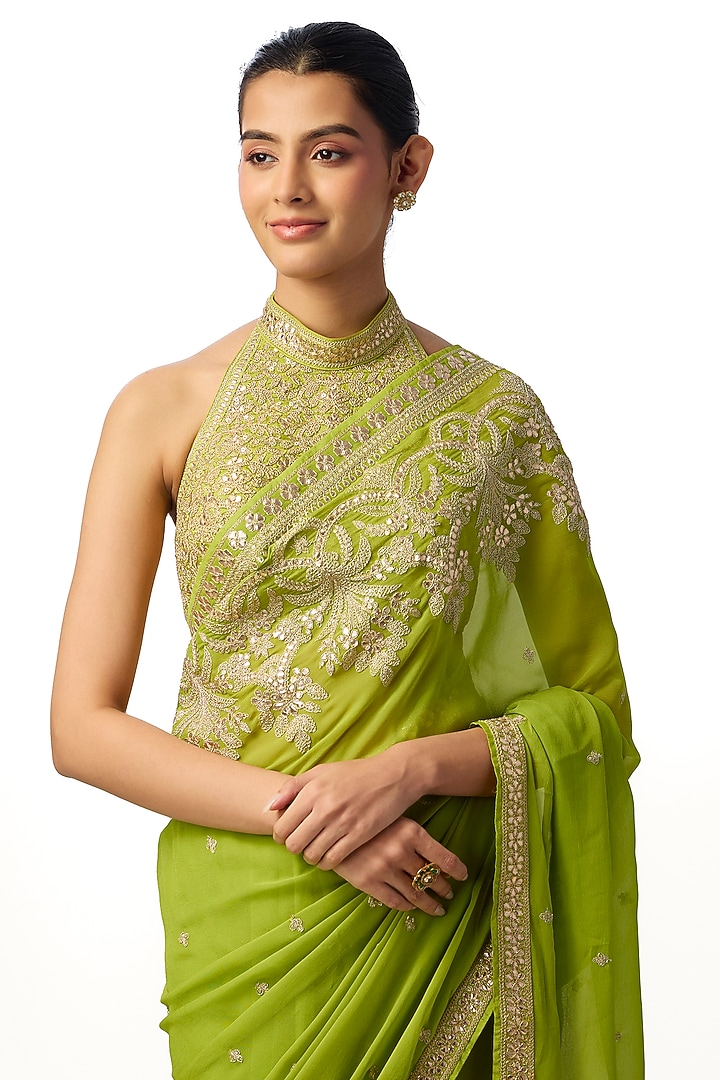 Green Georgette Embroidered Pleated Drape Wedding Saree Set by GOPI VAID at Pernia's Pop Up Shop