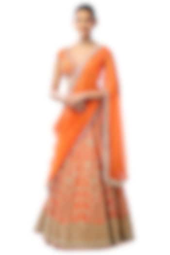 Orange Tussar Embroidered Brocade Bridal Lehenga Set by GOPI VAID at Pernia's Pop Up Shop