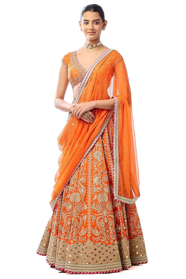 Orange Tussar Embroidered Brocade Bridal Lehenga Set by GOPI VAID at Pernia's Pop Up Shop