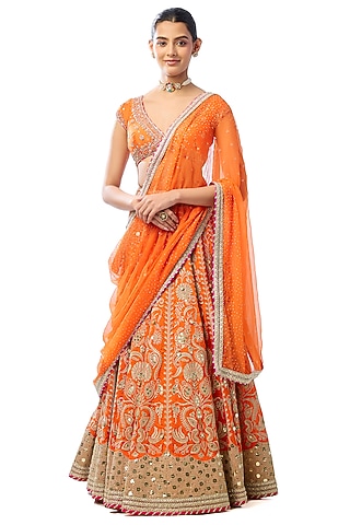 Orange Tussar Embroidered Brocade Lehenga Set by GOPI VAID