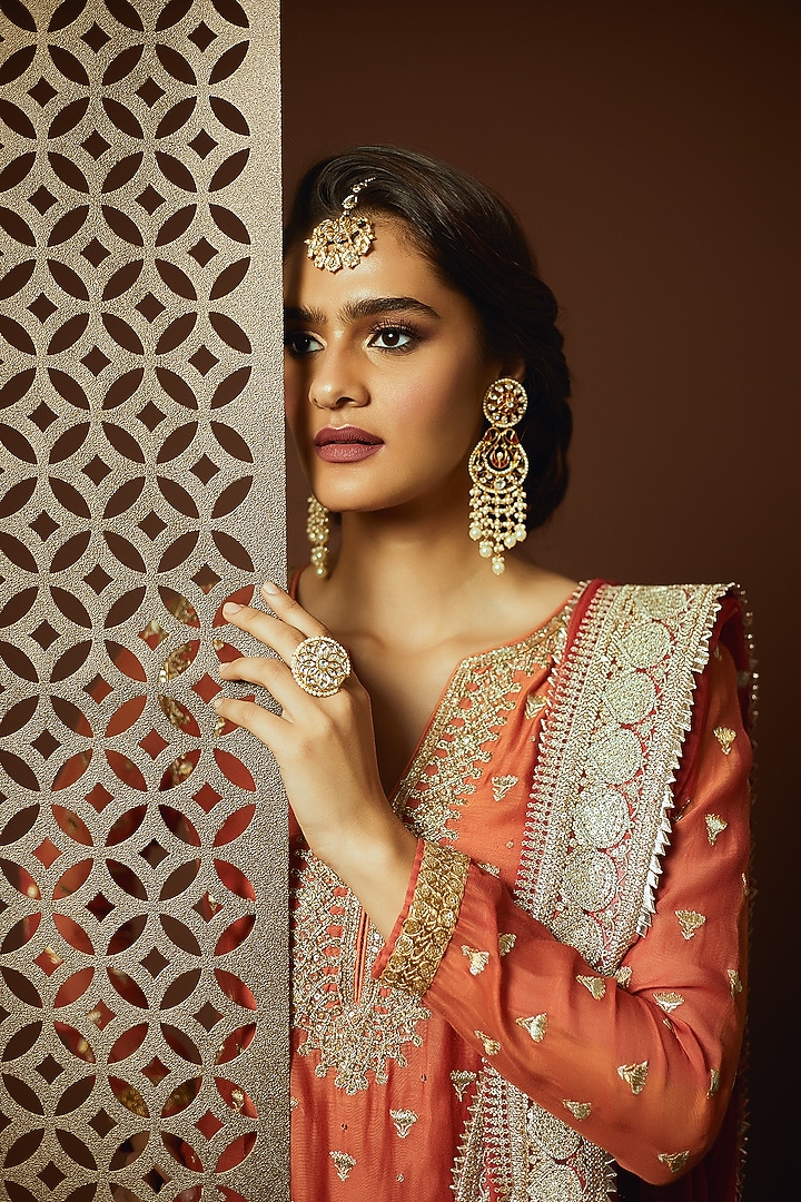 Gold Finish Enamled Faux Pearl & Kundan Earrings by Aster at Pernia's Pop Up Shop