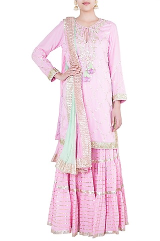 Pink Embroidered Crinkled Gharara Set by GOPI VAID