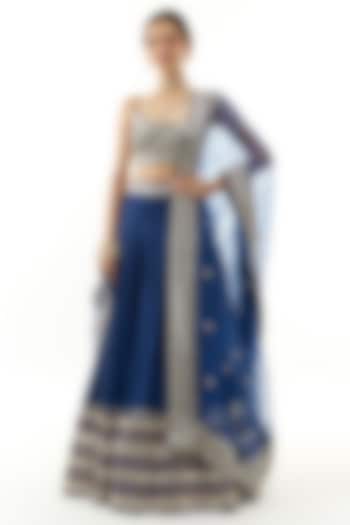 Blue Tussar Mirror Work & Thread Embroidered Wedding Lehenga Set by Gopi Vaid at Pernia's Pop Up Shop