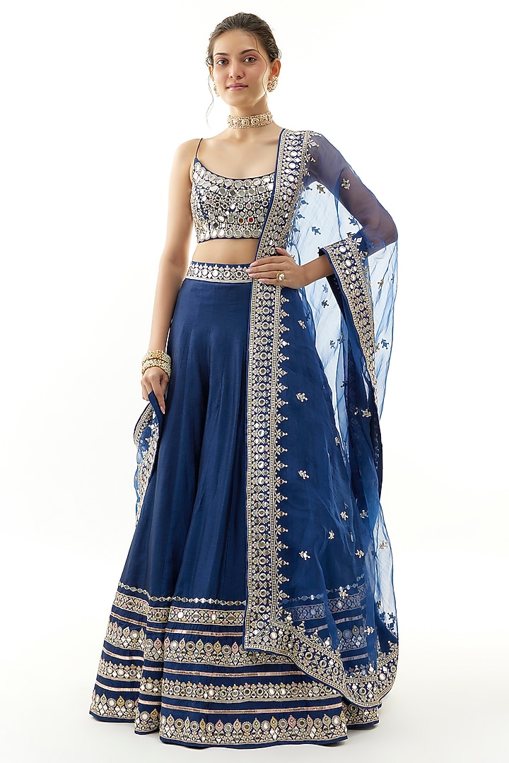 Blue Tussar Mirror Work & Thread Embroidered Wedding Lehenga Set by Gopi Vaid at Pernia's Pop Up Shop