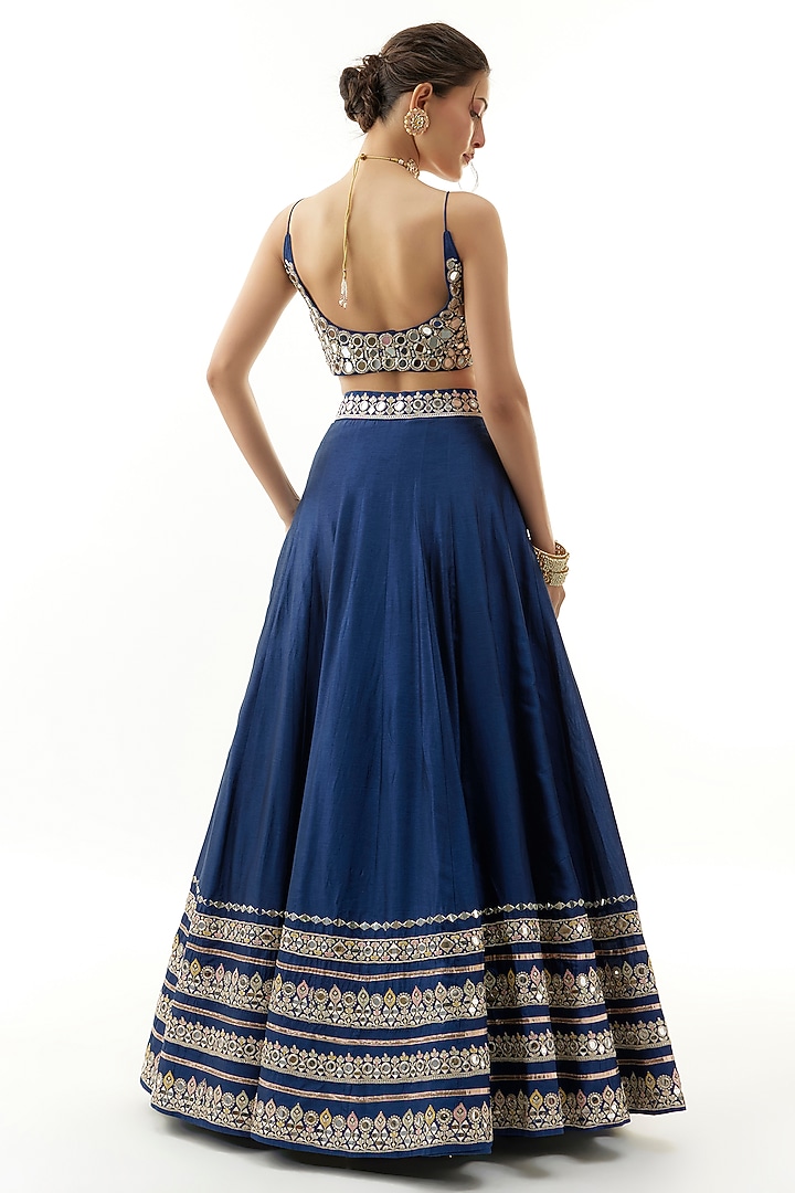 Blue Tussar Mirror Work & Thread Embroidered Wedding Lehenga Set by Gopi Vaid at Pernia's Pop Up Shop