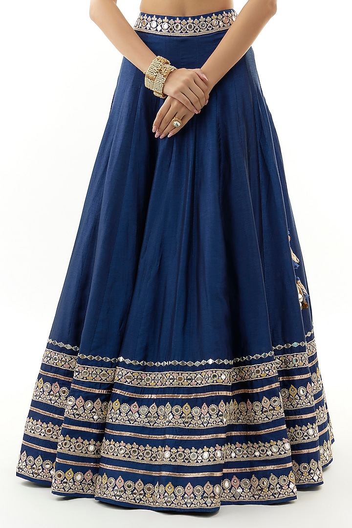 Blue Tussar Mirror Work & Thread Embroidered Wedding Lehenga Set by Gopi Vaid at Pernia's Pop Up Shop