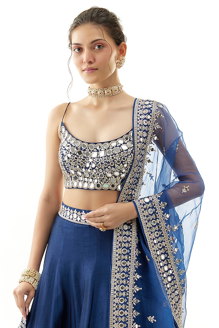 Blue Tussar Mirror Work & Thread Embroidered Wedding Lehenga Set by Gopi Vaid at Pernia's Pop Up Shop