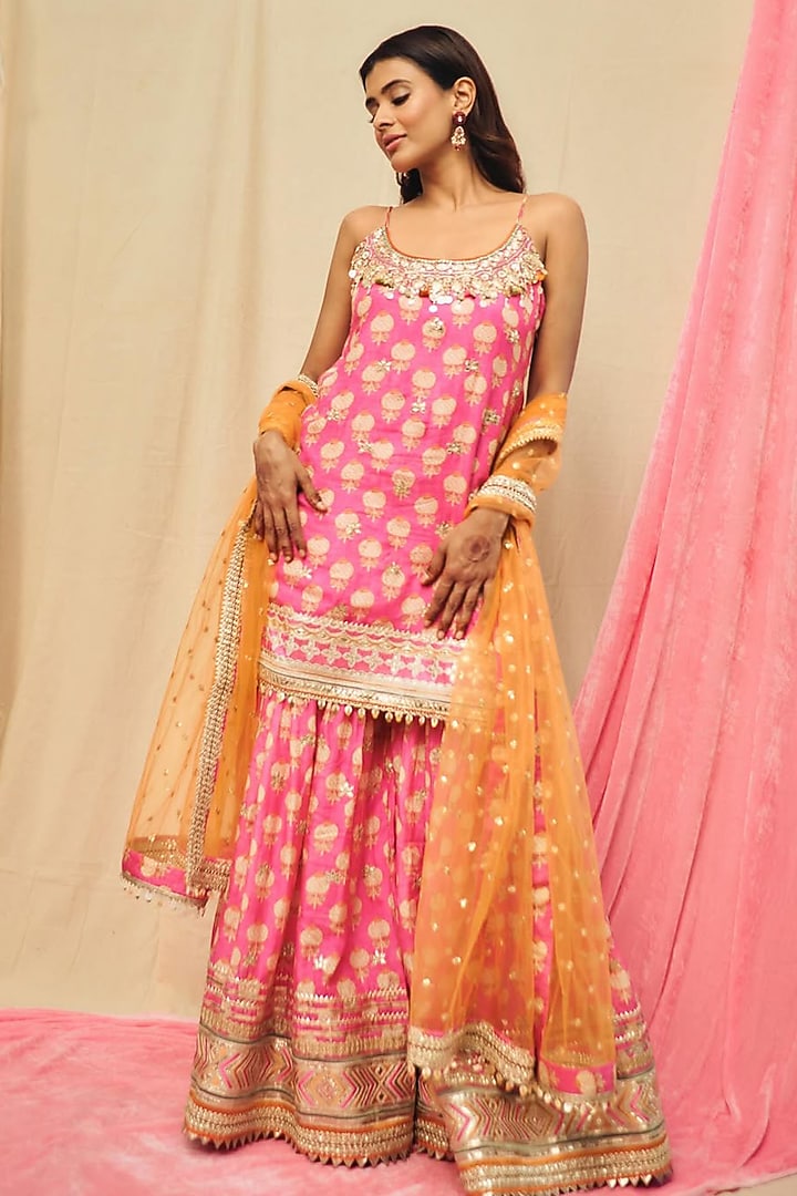 Pink Cotton Silk Embroidered Wedding Sharara Set by GOPI VAID at Pernia's Pop Up Shop