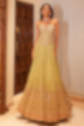 Pista Green Georgette Mirror Embellished Wedding Lehenga Set by GOPI VAID at Pernia's Pop Up Shop