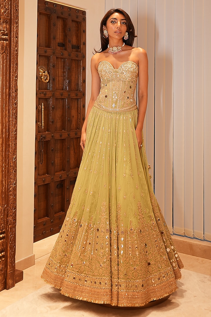 Pista Green Georgette Mirror Embellished Wedding Lehenga Set by GOPI VAID at Pernia's Pop Up Shop
