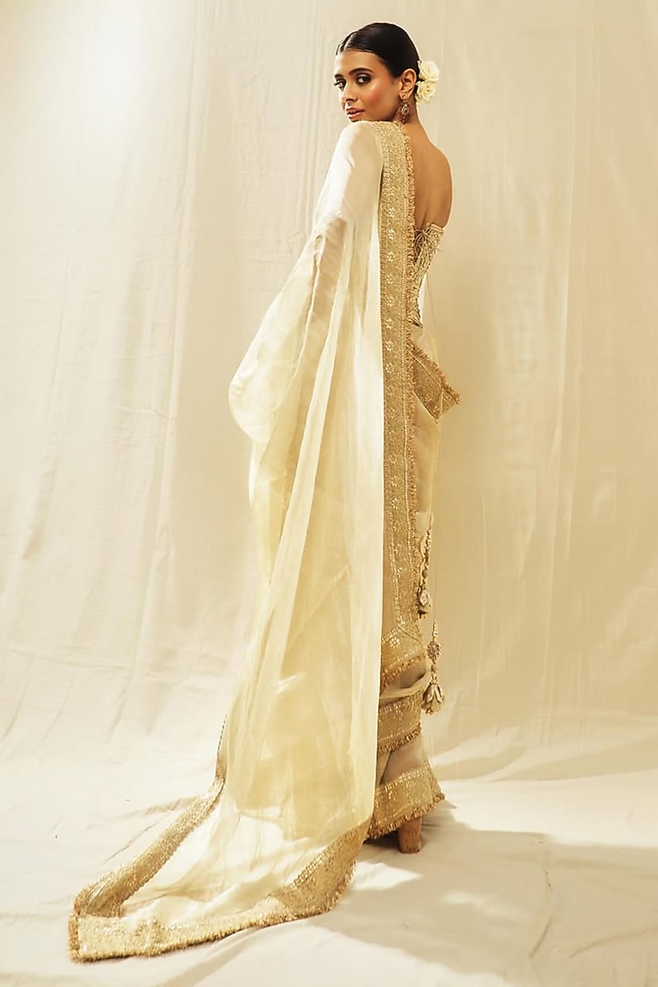 Ivory Tissue Gold Embroidered Reception Saree Set by GOPI VAID at Pernia's Pop Up Shop