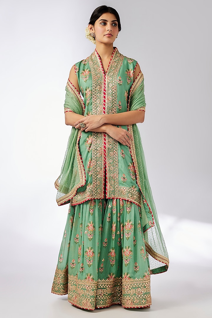 Green Cotton Silk Gota Embroidered Sharara Set by GOPI VAID at Pernia's Pop Up Shop