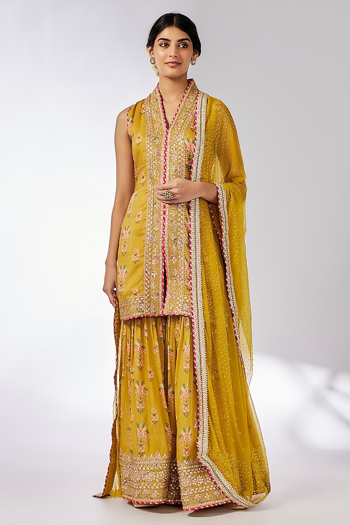 Mustard Cotton Silk Gota Embroidered Sharara Set by GOPI VAID at Pernia's Pop Up Shop