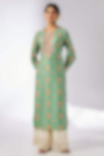 Green Cotton Silk Printed & Embroidered Tunic Set by GOPI VAID at Pernia's Pop Up Shop