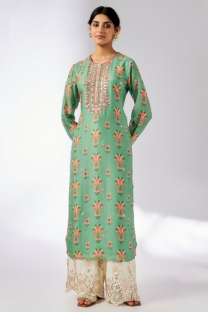 Green Cotton Silk Printed & Embroidered Tunic Set by GOPI VAID at Pernia's Pop Up Shop