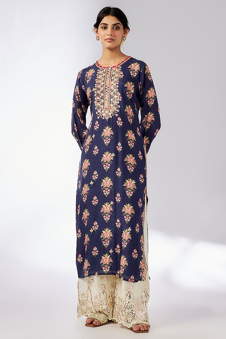 Blue Cotton Silk Floral Printed & Embroidered Tunic by GOPI VAID at Pernia's Pop Up Shop