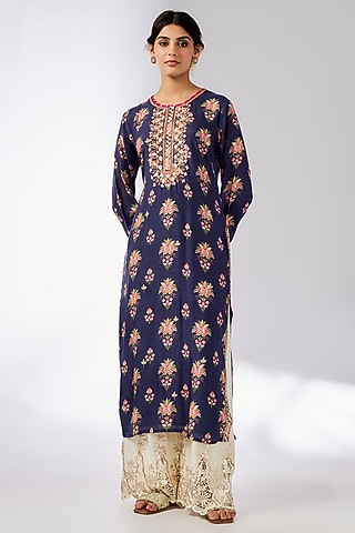 Blue Cotton Silk Floral Printed & Embroidered Tunic by GOPI VAID