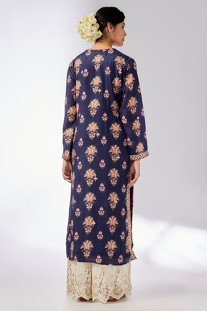 Blue Cotton Silk Floral Printed & Embroidered Tunic by GOPI VAID at Pernia's Pop Up Shop