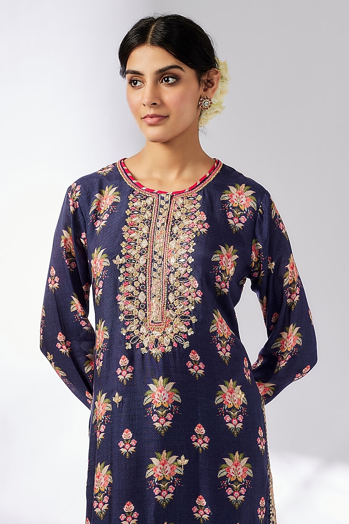 Blue Cotton Silk Floral Printed & Embroidered Tunic by GOPI VAID at Pernia's Pop Up Shop