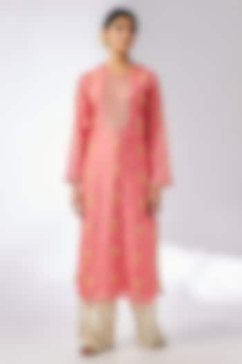 Pink Cotton Silk Floral Printed & Embroidered Tunic by GOPI VAID at Pernia's Pop Up Shop