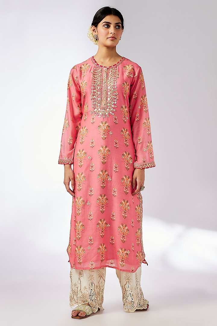 Pink Cotton Silk Floral Printed & Embroidered Tunic by GOPI VAID at Pernia's Pop Up Shop