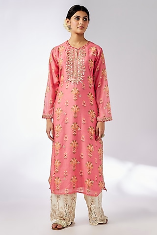 Pink Cotton Silk Floral Printed & Embroidered Tunic by GOPI VAID
