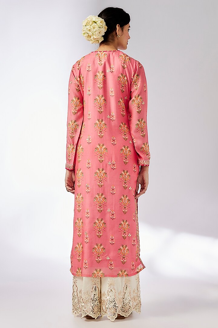 Pink Cotton Silk Floral Printed & Embroidered Tunic by GOPI VAID at Pernia's Pop Up Shop
