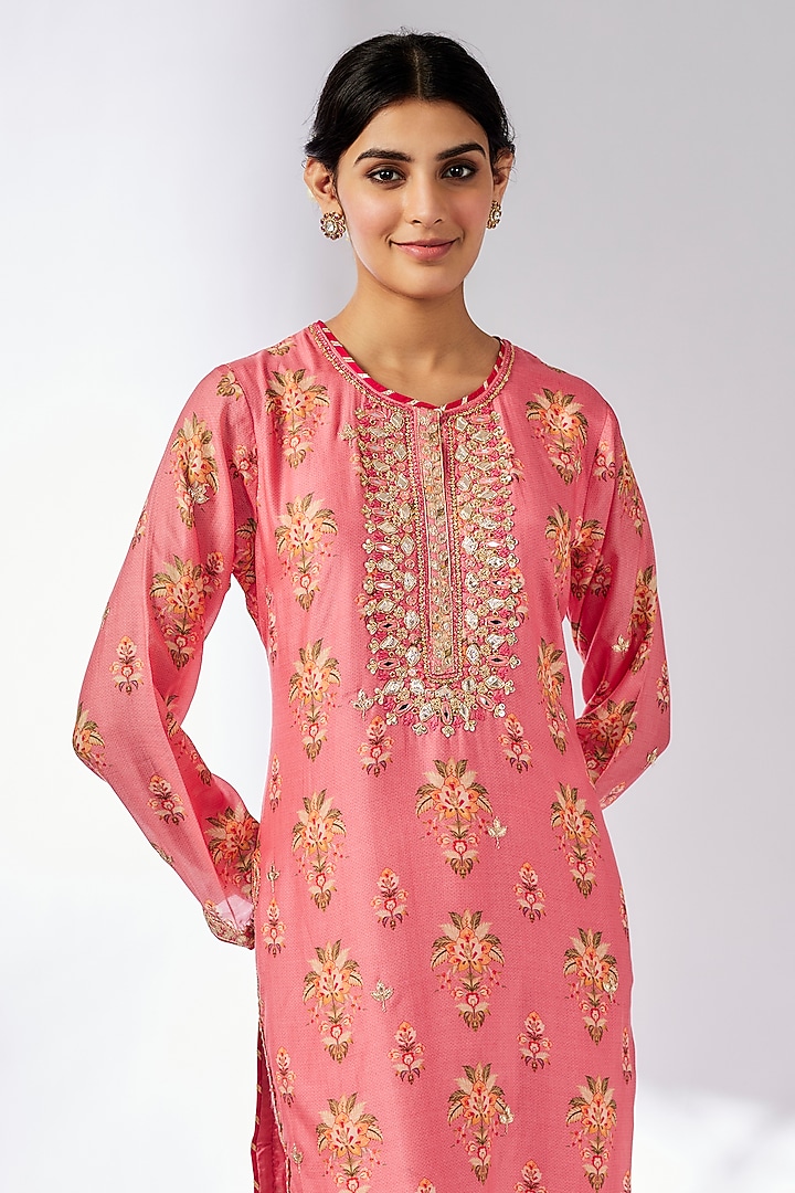 Pink Cotton Silk Floral Printed & Embroidered Tunic by GOPI VAID at Pernia's Pop Up Shop