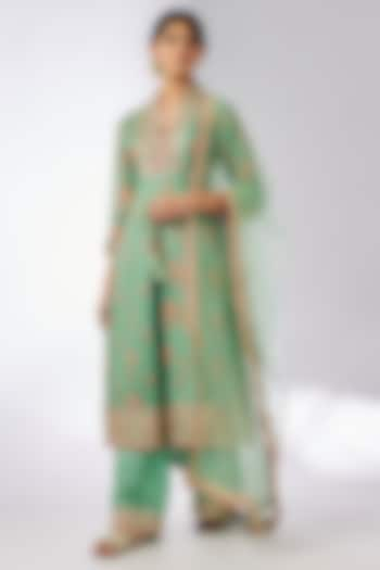 Mint Cotton Silk Hand & Machine Embroidered Kurta Set by GOPI VAID