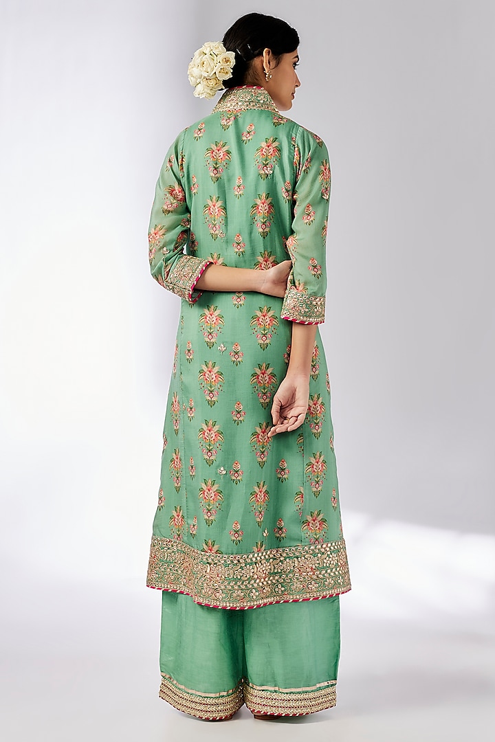 Mint Cotton Silk Hand & Machine Embroidered Kurta Set by GOPI VAID at Pernia's Pop Up Shop