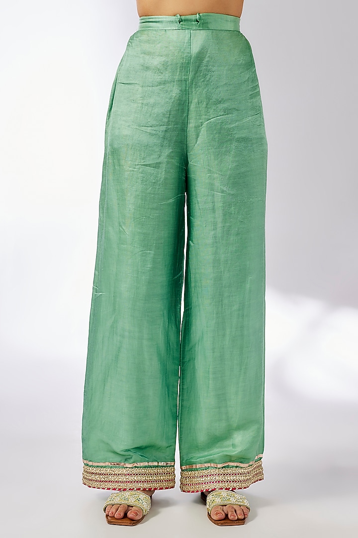 Mint Cotton Silk Hand & Machine Embroidered Kurta Set by GOPI VAID at Pernia's Pop Up Shop