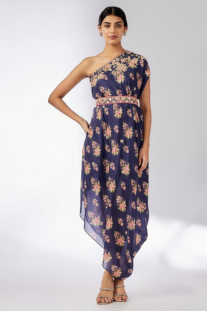 Navy Blue Cotton Silk Hand & Machine Embroidered One-Shoulder Dress by GOPI VAID