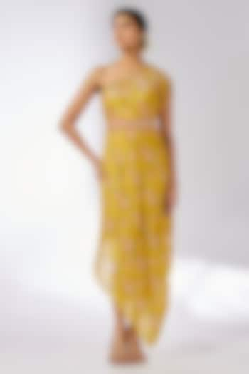 Mustard Cotton Silk Hand & Machine Embroidered One-Shoulder Dress by GOPI VAID