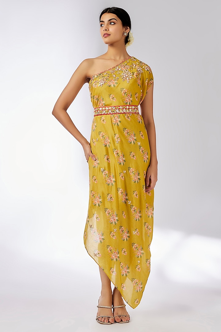 Mustard Cotton Silk Hand & Machine Embroidered One-Shoulder Dress by GOPI VAID