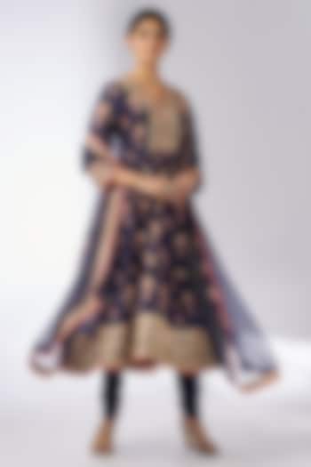 Navy Blue Cotton Silk Hand & Machine Embellished Wedding Anarkali Set by GOPI VAID at Pernia's Pop Up Shop