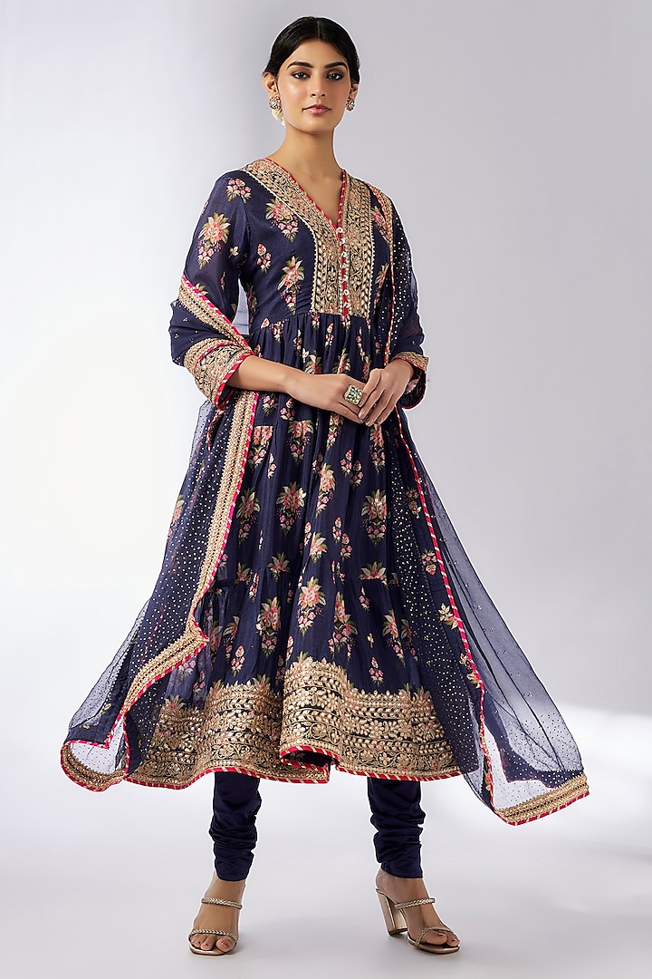 Navy Blue Cotton Silk Hand & Machine Embellished Wedding Anarkali Set by GOPI VAID at Pernia's Pop Up Shop