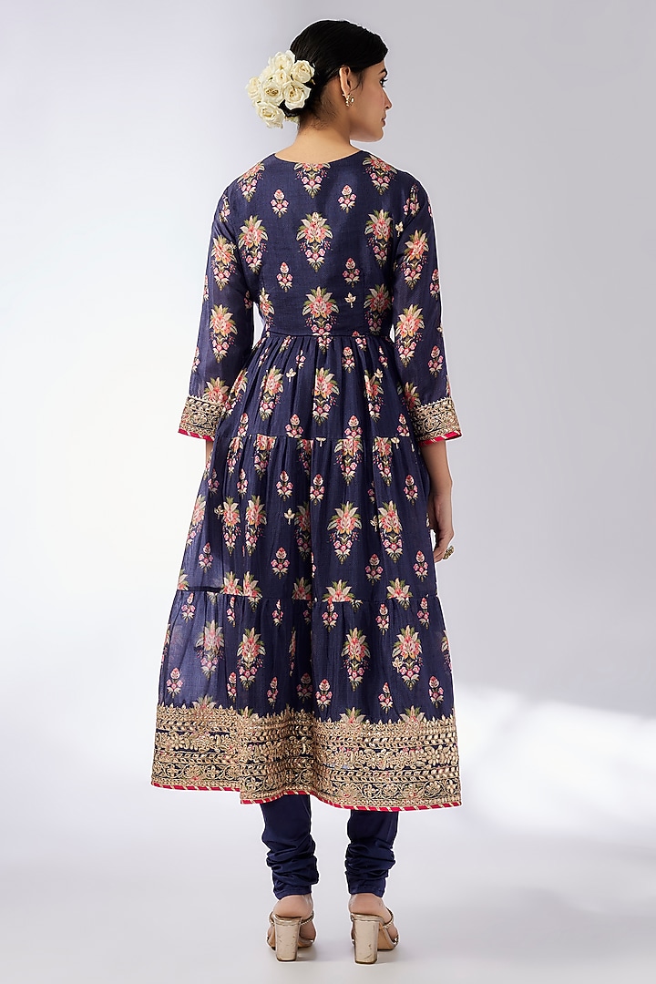 Navy Blue Cotton Silk Hand & Machine Embellished Wedding Anarkali Set by GOPI VAID at Pernia's Pop Up Shop