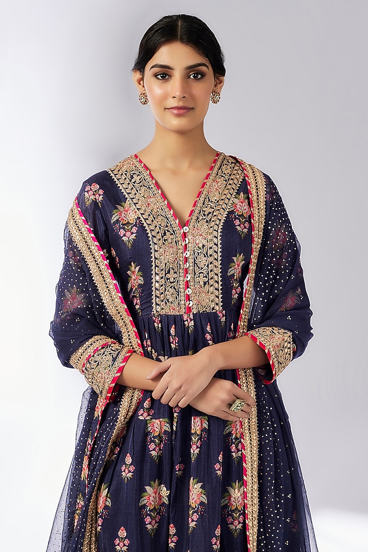 Navy Blue Cotton Silk Hand & Machine Embellished Wedding Anarkali Set by GOPI VAID at Pernia's Pop Up Shop