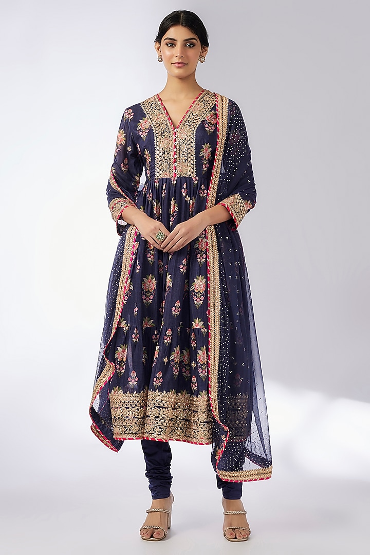 Navy Blue Cotton Silk Hand & Machine Embellished Wedding Anarkali Set by GOPI VAID at Pernia's Pop Up Shop