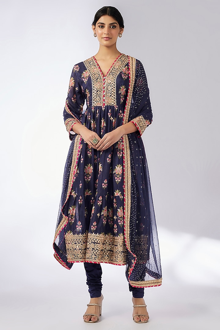 Navy Blue Cotton Silk Hand & Machine Embellished Wedding Anarkali Set by GOPI VAID at Pernia's Pop Up Shop