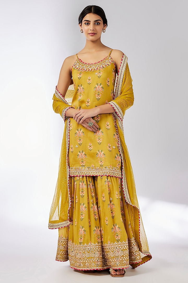 Mustard Cotton Silk Printed Sharara Set by GOPI VAID at Pernia's Pop Up Shop