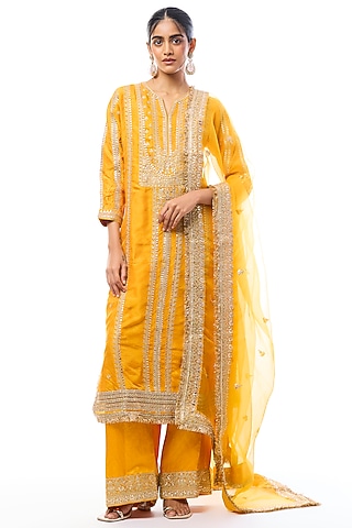 Yellow Tussar Embroidered Straight Kurta Set by GOPI VAID