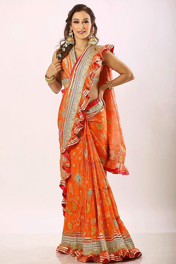 Tangerine Ruffled Wedding Saree Set by GOPI VAID at Pernia's Pop Up Shop