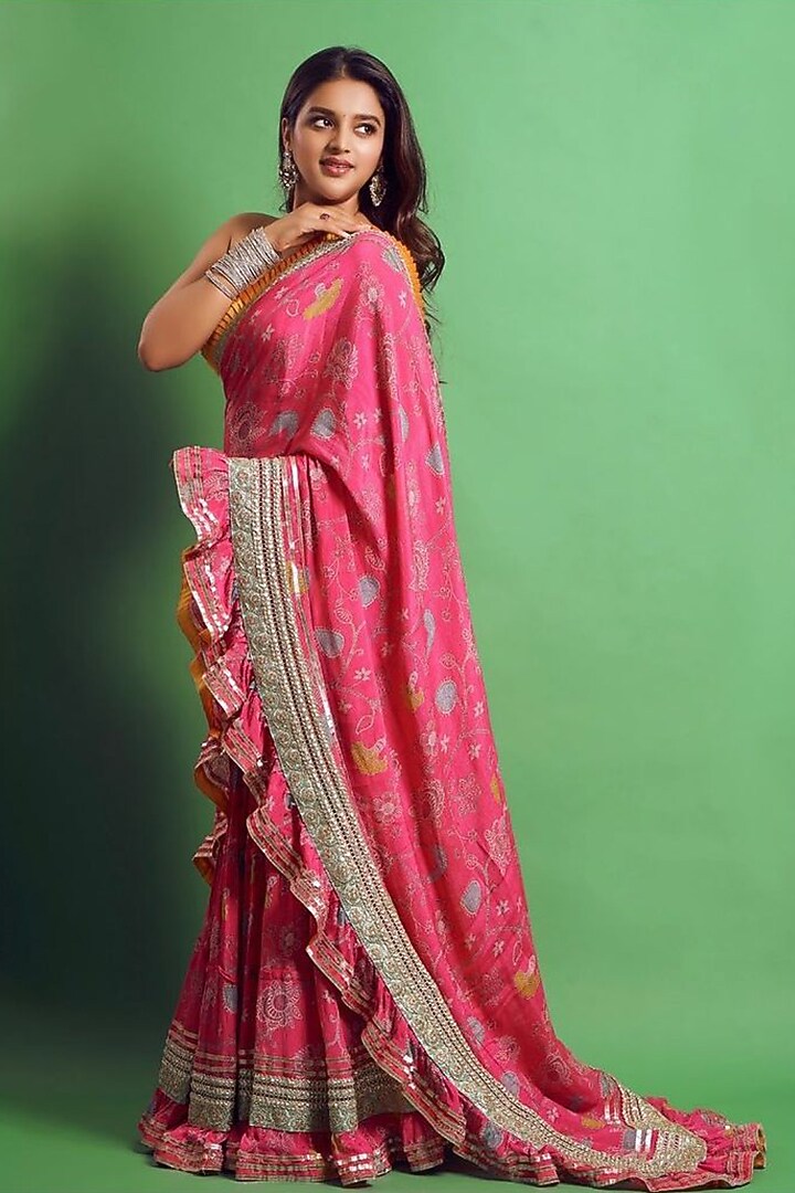 Pink Floral Printed Wedding Saree Set by GOPI VAID at Pernia's Pop Up Shop