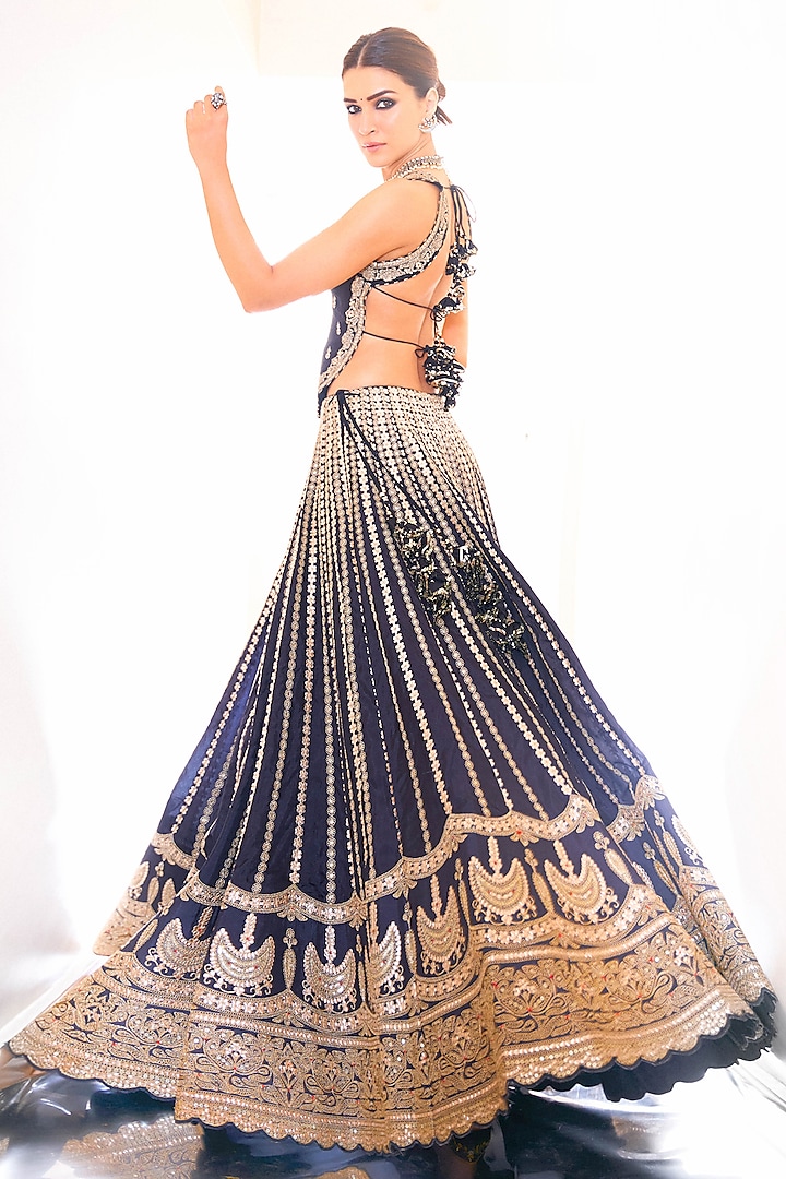 Black Tussar Hand & Machine Embroidered Lehenga Set by GOPI VAID