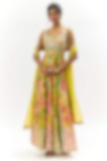 Multi-Colored Tussar Embroidered Wedding Anarkali Set by GOPI VAID at Pernia's Pop Up Shop