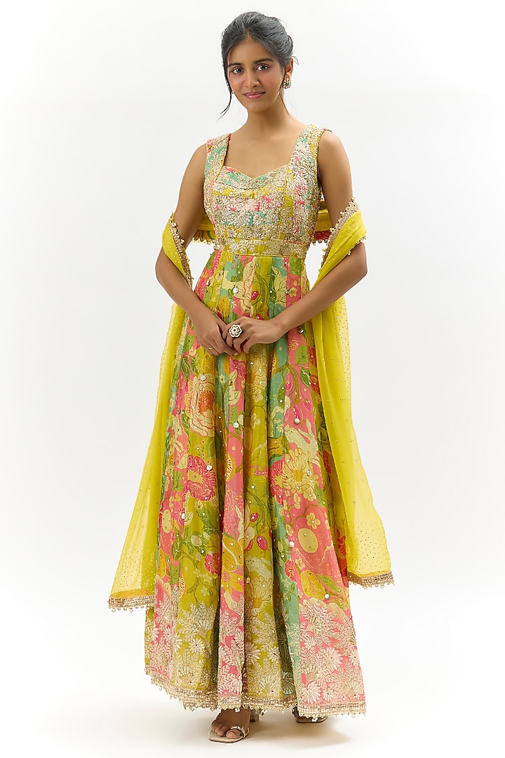 Multi-Colored Tussar Embroidered Wedding Anarkali Set by GOPI VAID at Pernia's Pop Up Shop
