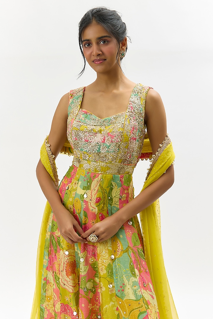 Multi-Colored Tussar Embroidered Wedding Anarkali Set by GOPI VAID at Pernia's Pop Up Shop